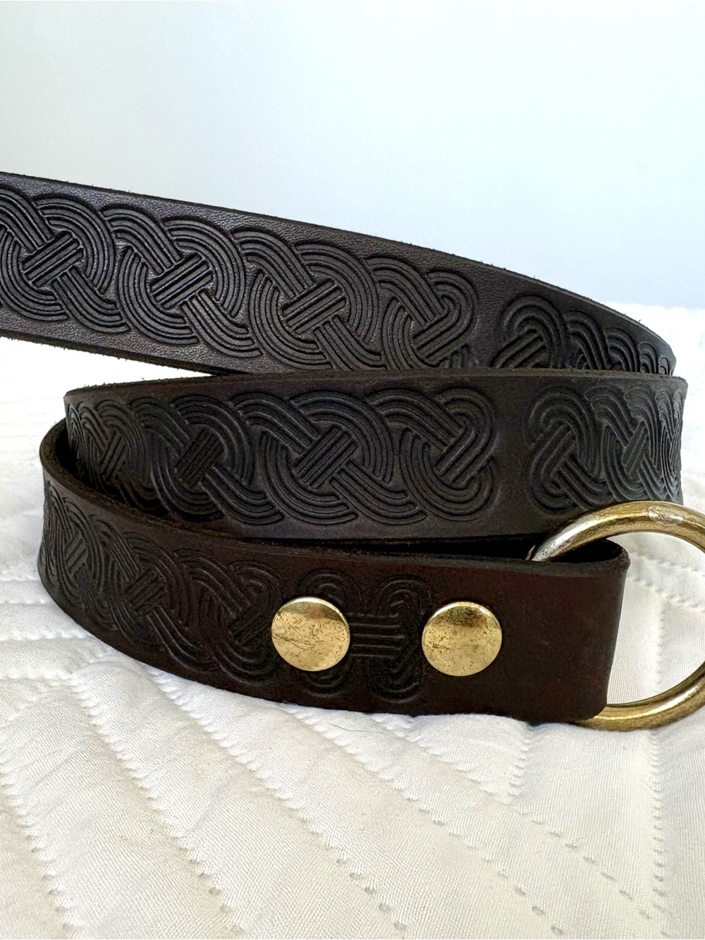 Unisex Brown Leather Belt with Celtic Embossed Design